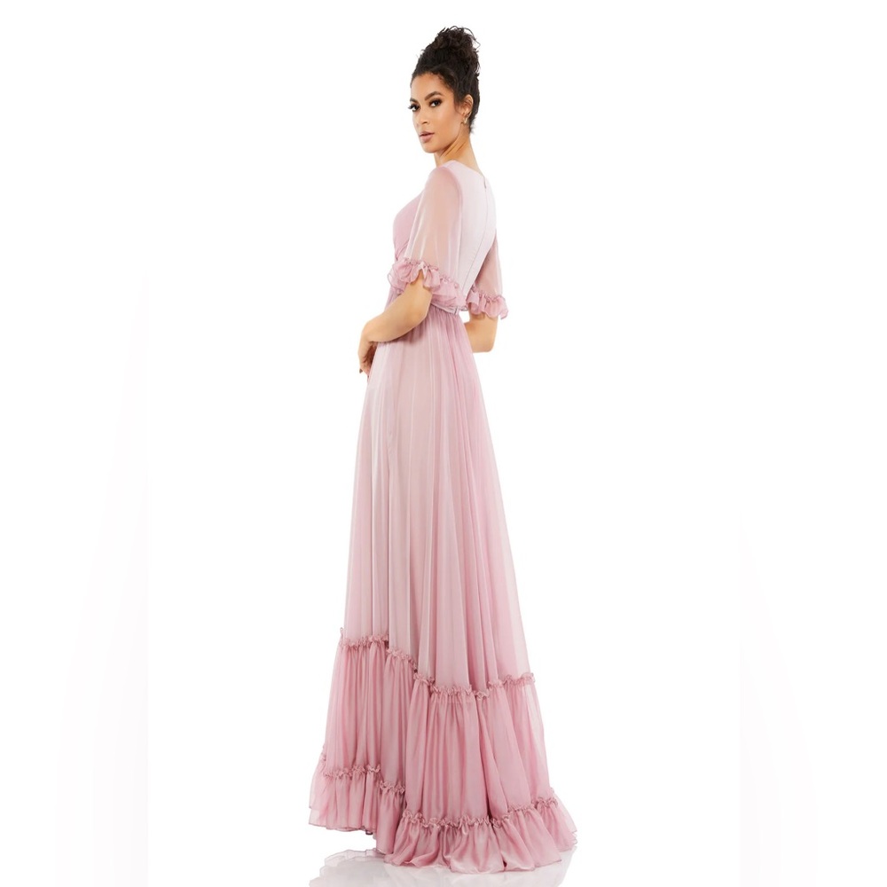 NWT Mac Duggal Butterfly Ruffle Trimmed Sleeve Wrap Over Flowy Gown - Picture 3 of 4